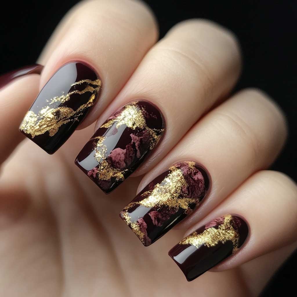 Black Marble Nail Designs - Burgundy with Gold Marble
